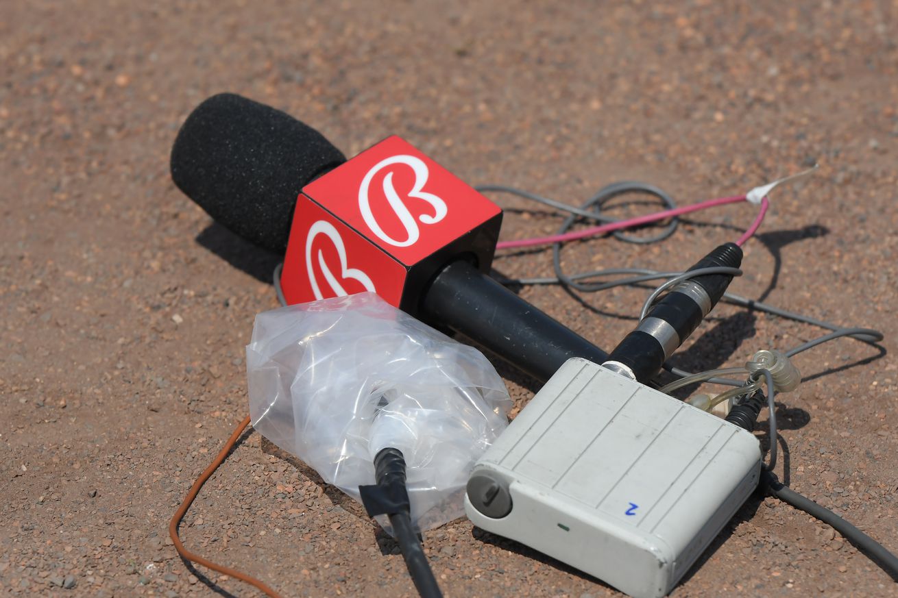 A detailed view of a Bally Sports microphone laying on the field after being used for an interview prior to the Spring Training game between the Detroit Tigers and the Washington Nationals at Publix Field at Joker Marchant Stadium on March 8, 2023 in Lakeland, Florida. The Tigers defeated the Nationals 2-1.