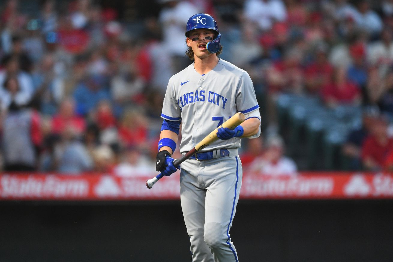 Kansas City Royals shortstop Bobby Witt Jr. (7) walks back to the dugout after striking out during the MLB game between the Kansas City Royals and the Los Angeles Angels of Anaheim on April 21, 2023 at Angel Stadium of Anaheim in Anaheim, CA.
