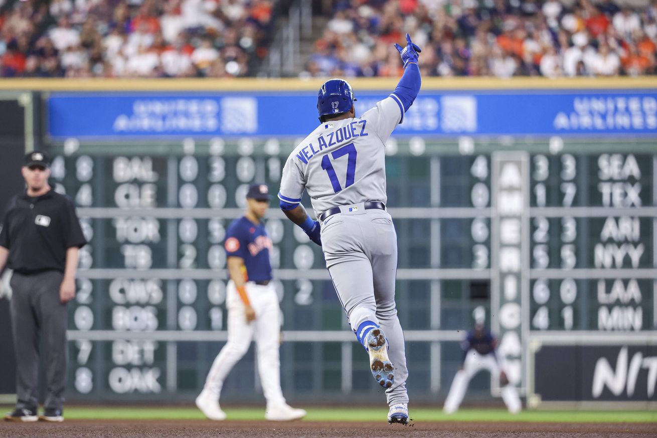 Kansas City Royals right fielder Nelson Velazquez (17) celebrates while rounding the bases after hitting a home run during the third inning against the Houston Astros at Minute Maid Park. Mandatory Credit: Troy Taormina