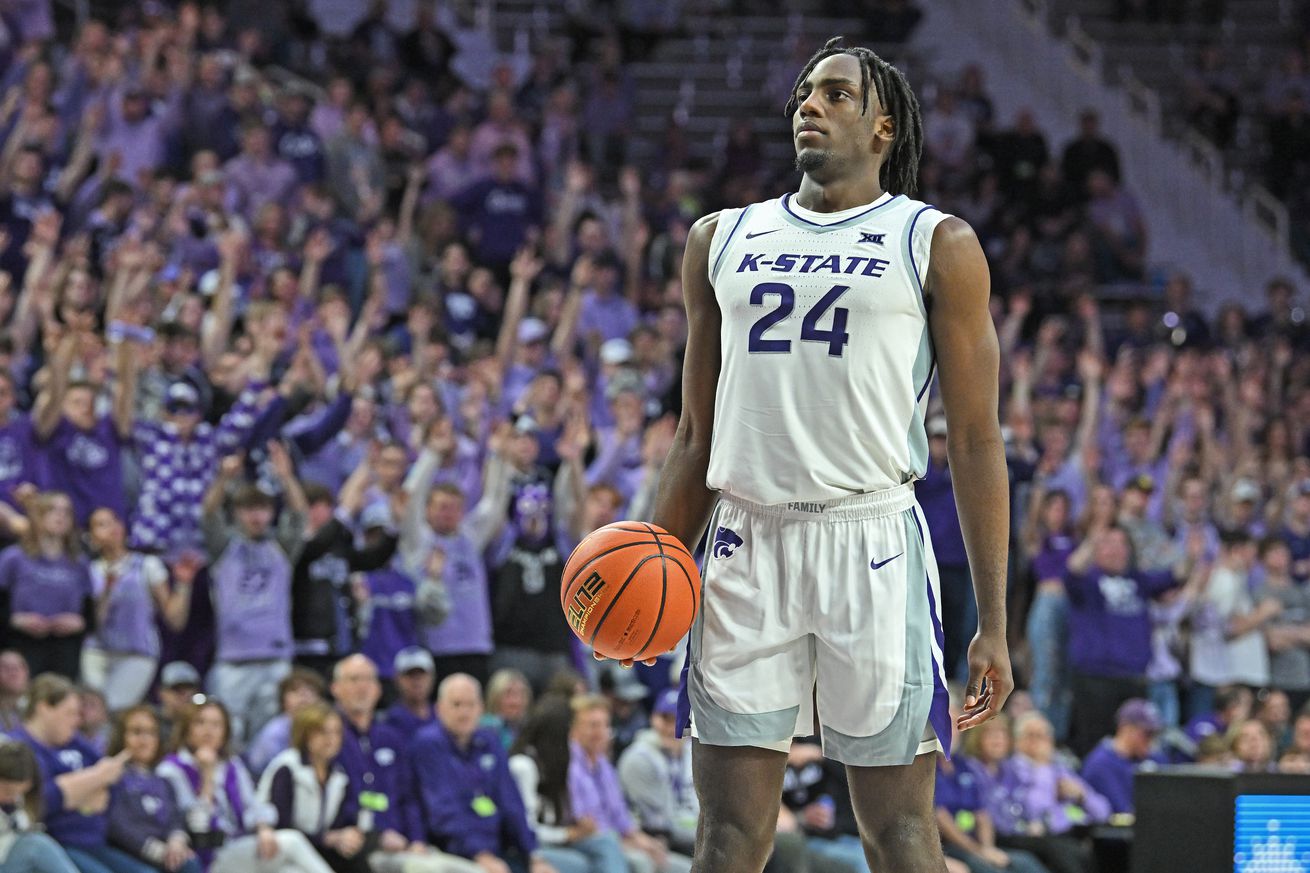 Arthur Kaluma #24 of the Kansas State Wildcats gets ready to shoot a technical foul shot in the second half against the Iowa State Cyclones at Bramlage Coliseum on March 9, 2024 in Manhattan, Kansas.