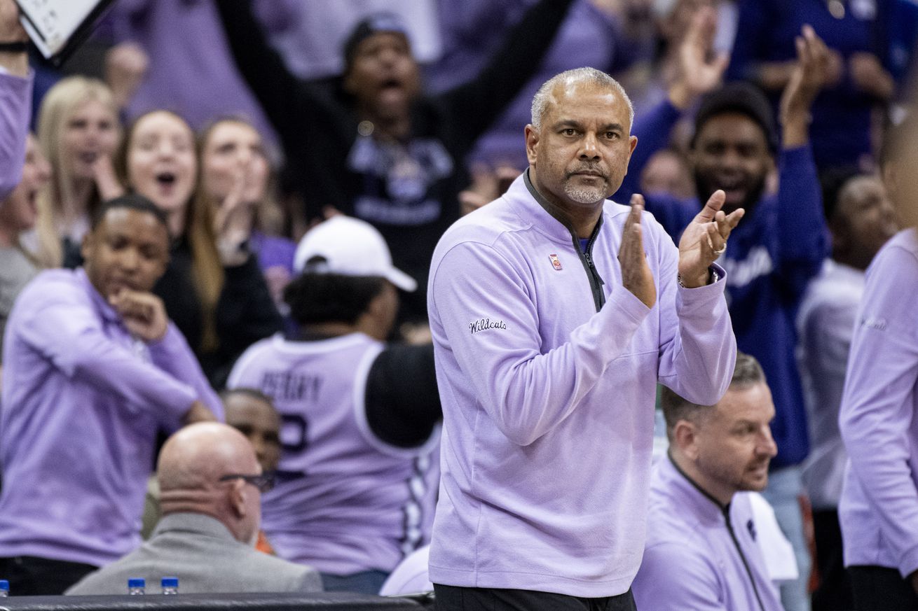 Mar 14, 2024; Kansas City, MO, USA; Kansas State Wildcats head coach Jerome Tang claps during the first half again the Iowa State Cyclones at T-Mobile Center.