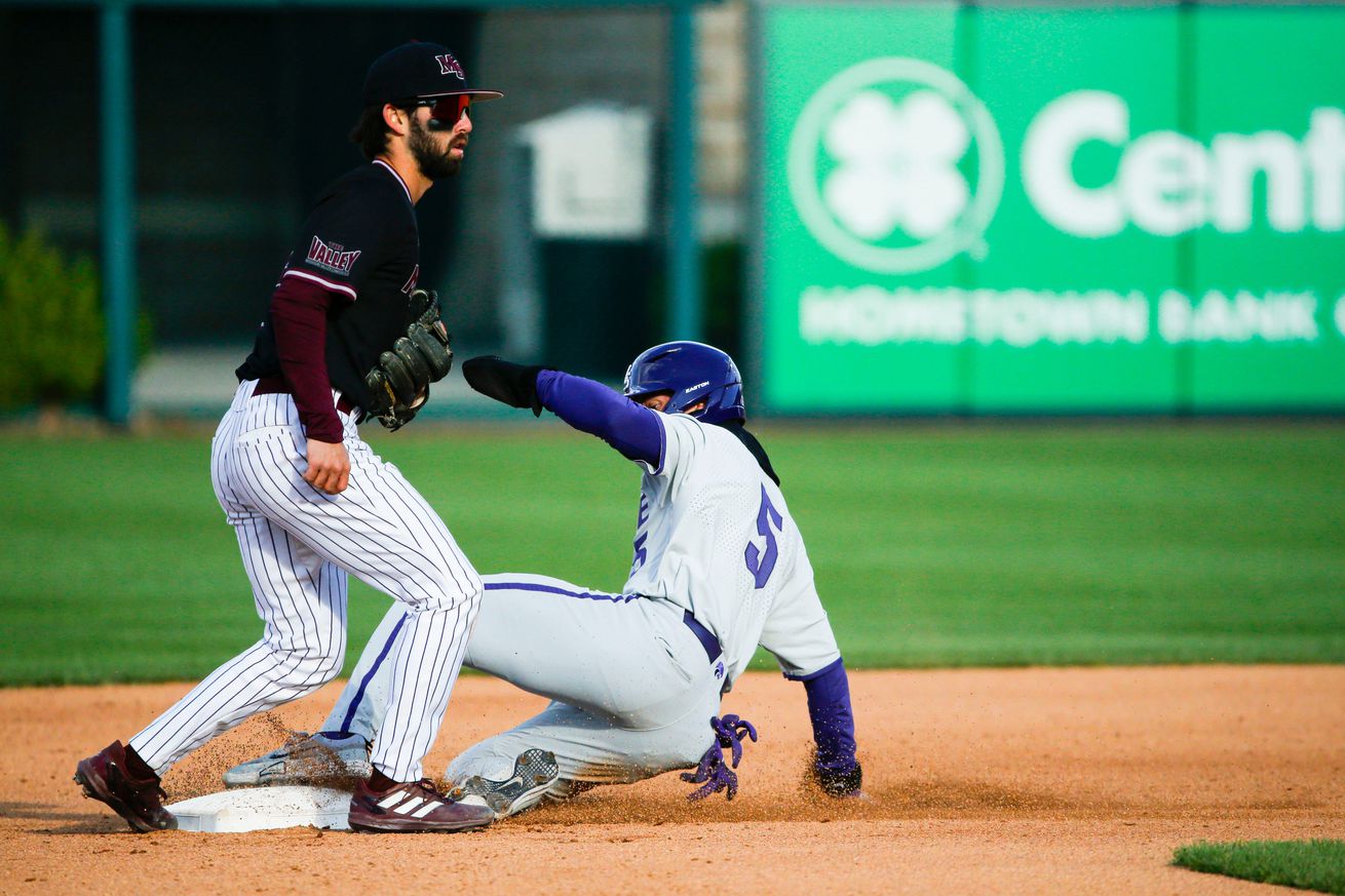 Kansas State outfielder Bredan Jones (#5) slides into second base with a successful steal in the top of the 6th inning in the Wildcats 8-4 win over Missouri State on April 3, 2024