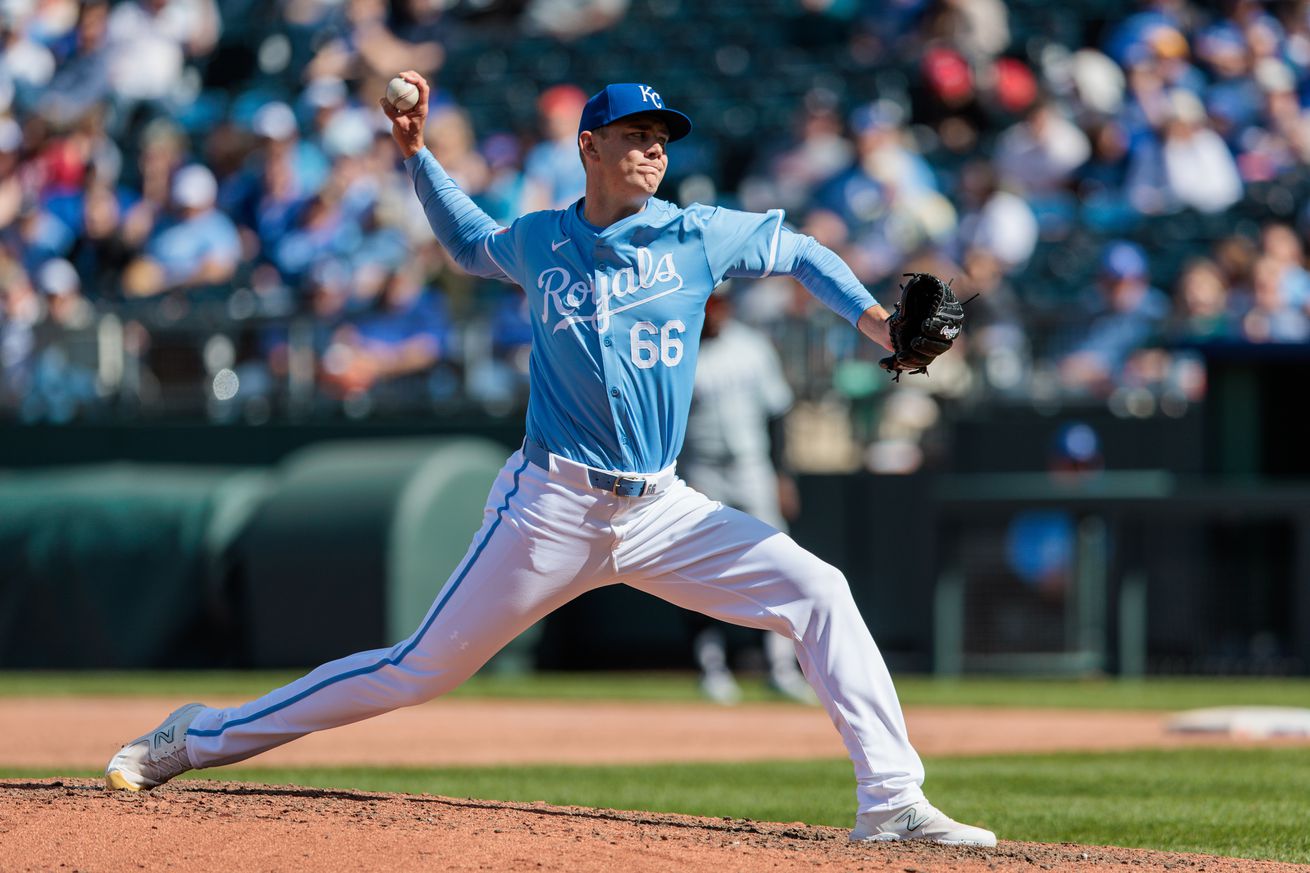 Kansas City Royals pitcher James McArthur (66) pitching during the ninth inning against the Chicago White Sox at Kauffman Stadium.