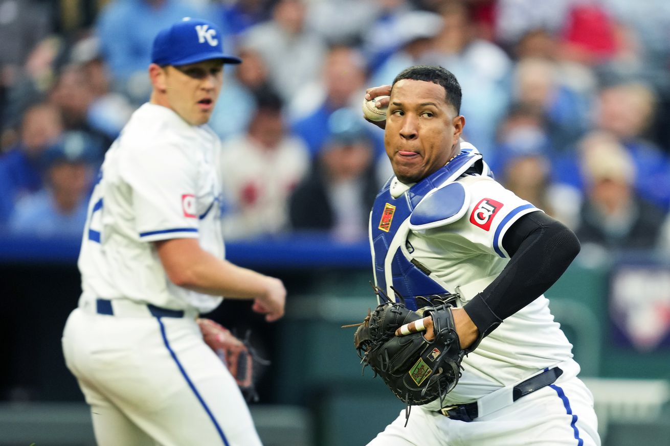 Salvador Perez #13 of the Kansas City Royals throws to first base during the fifth inning against the Texas Rangers at Kauffman Stadium on May 4, 2024 in Kansas City, Missouri.