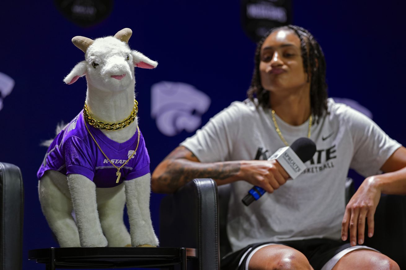 Oct 22, 2024; Kansas City, MO, USA; A general view of a stuffed animal belonging to Kansas State Wildcats guard Zyanna Walker (1) as she talks to media during the Big 12 Women’s Basketball Media Day at T-Mobile Center.