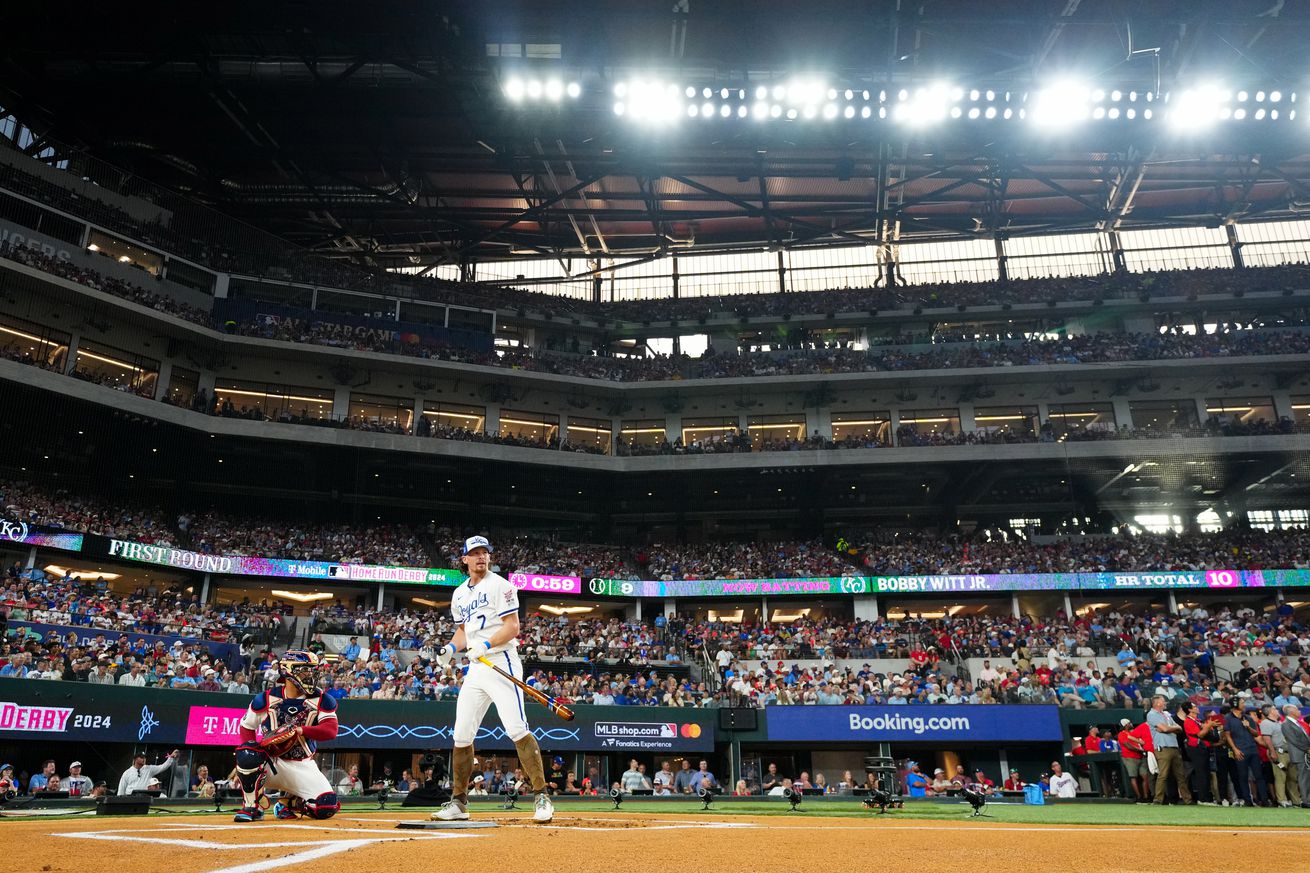 Bobby Witt Jr. #7 of the Kansas City Royals bats during the 2024 T-Mobile Home Run Derby at Globe Life Field on Monday, July 15, 2024 in Arlington, Texas.