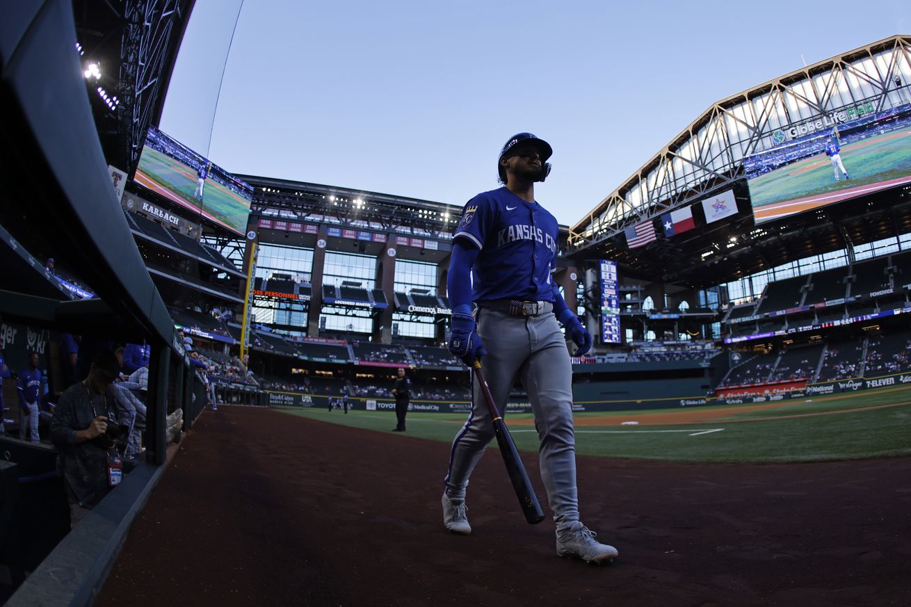 Bobby Witt Jr. #7 of the Kansas City Royals walks to the on-deck circle