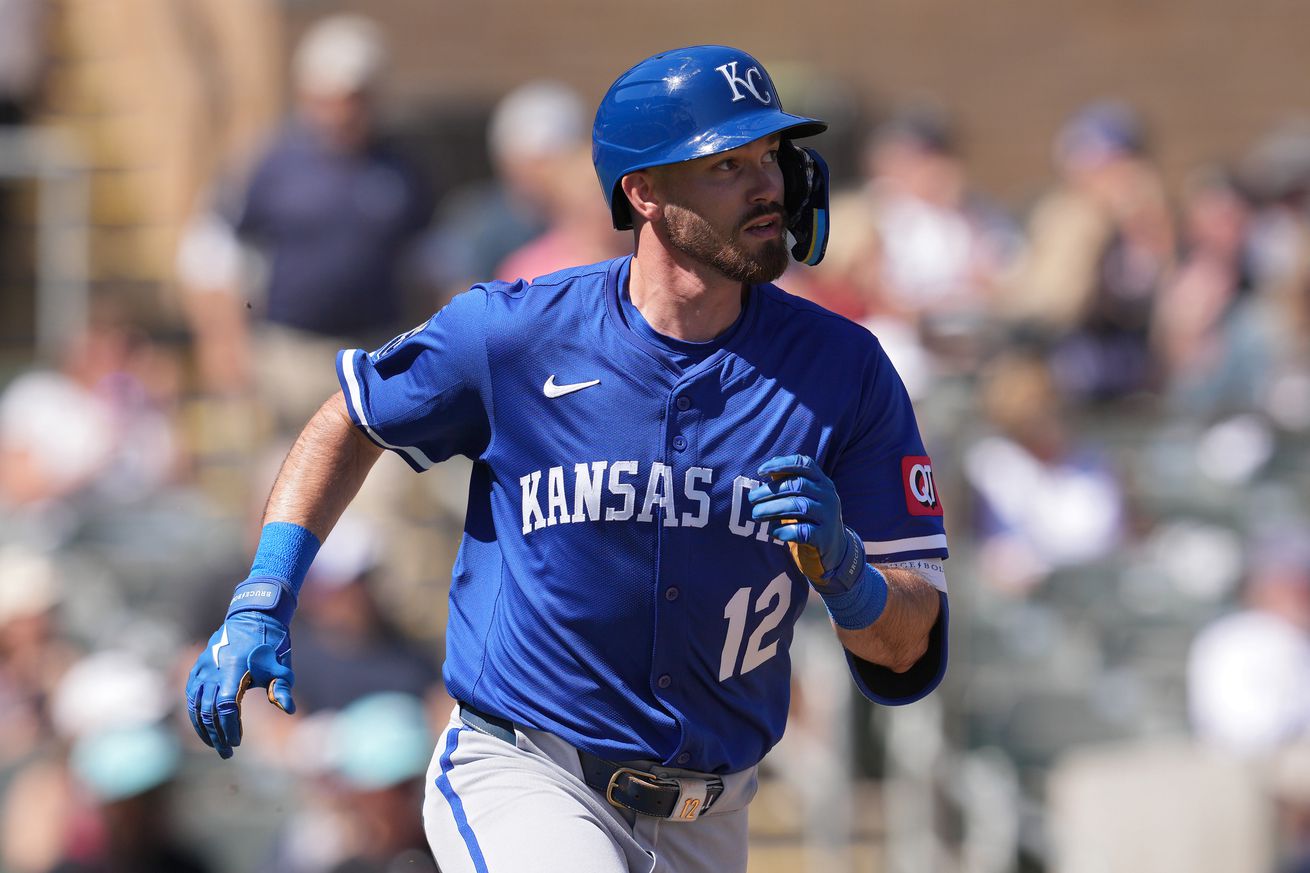 Nick Loftin #12 of the Kansas City Royals runs during a spring training game against the Arizona Diamondbacks at Salt River Fields at Talking Stick on March 11, 2025 in Scottsdale, Arizona.