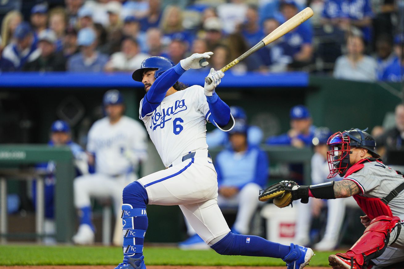 Apr 9, 2025; Kansas City, Missouri, USA; Kansas City Royals second baseman Jonathan India (6) bats against the Minnesota Twins at Kauffman Stadium.