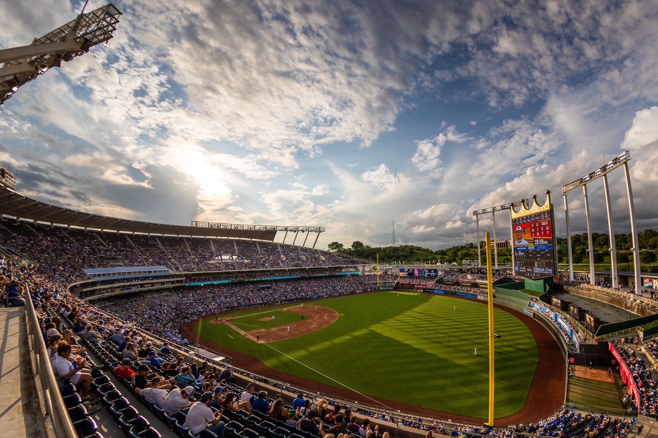 Kauffman Stadium at sunset during the game between the Kansas City Royals and the Baltimore Orioles on July 17th, 2021 at Kauffman Stadium in Kansas City, Missouri.