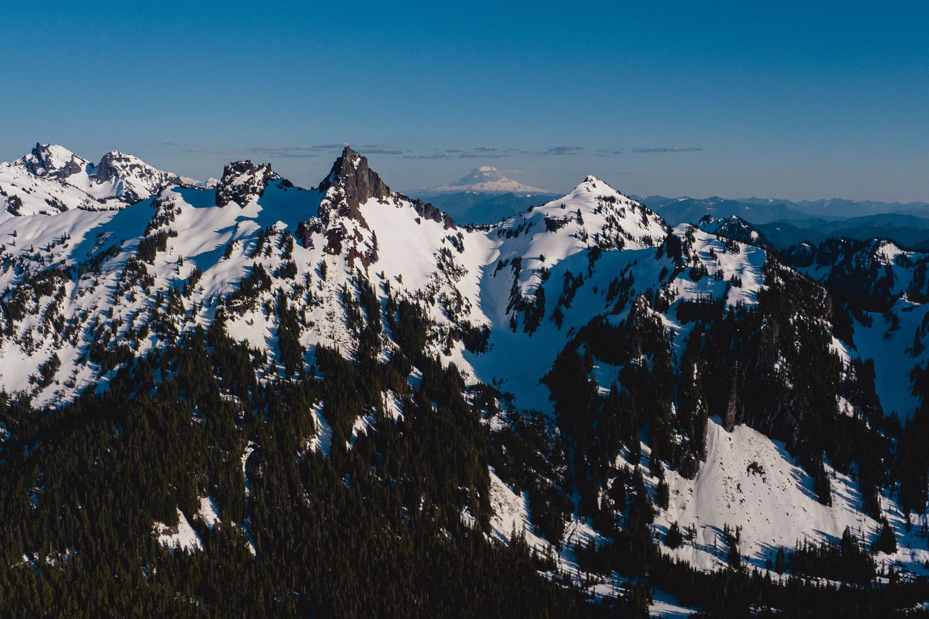 view of Mount Rainier and in distance Mount St. Helens Volcanic National Park, Washington State