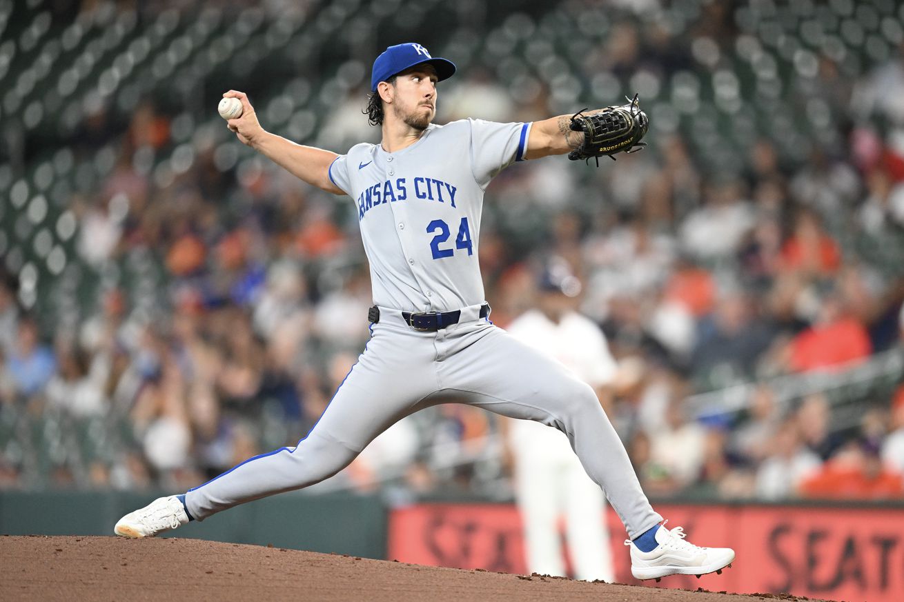 Michael Lorenzen #24 of the Kansas City Royals delivers a pitch against the Houston Astros during the first inning at Daikin Park on May 14, 2025 in Houston, Texas.
