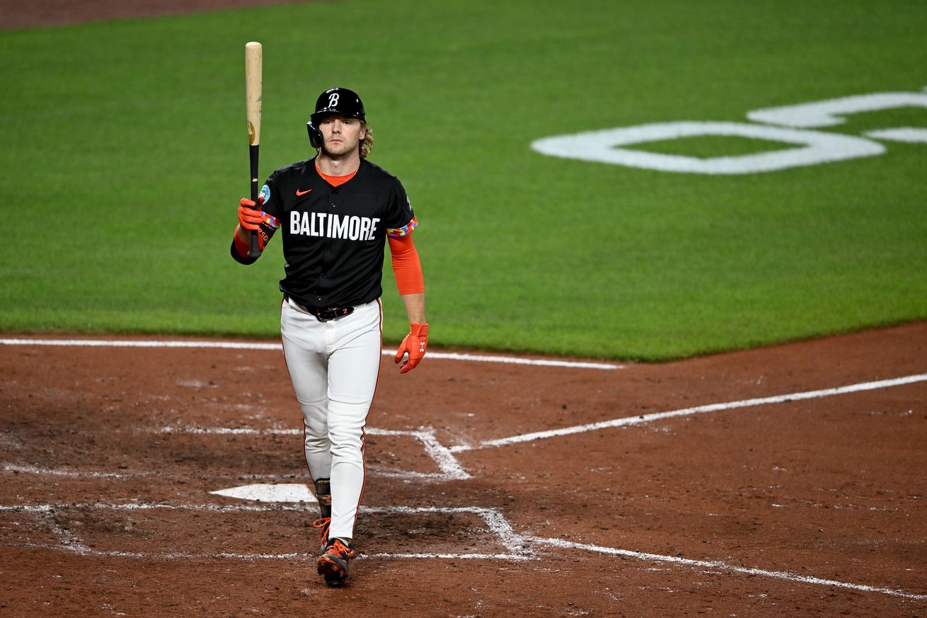 Gunnar Henderson #2 of the Baltimore Orioles reacts after striking out in the fifth inning against the Washington Nationals at Oriole Park at Camden Yards on May 16, 2025 in Baltimore, Maryland.