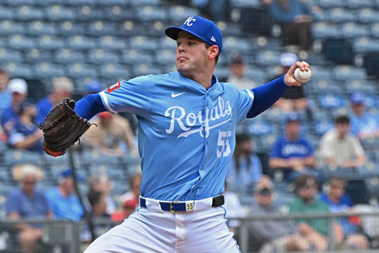 Kansas City Royals starting pitcher Cole Ragans (55) throws a pitch in the first inning against the Colorado Rockies at Kauffman Stadium.