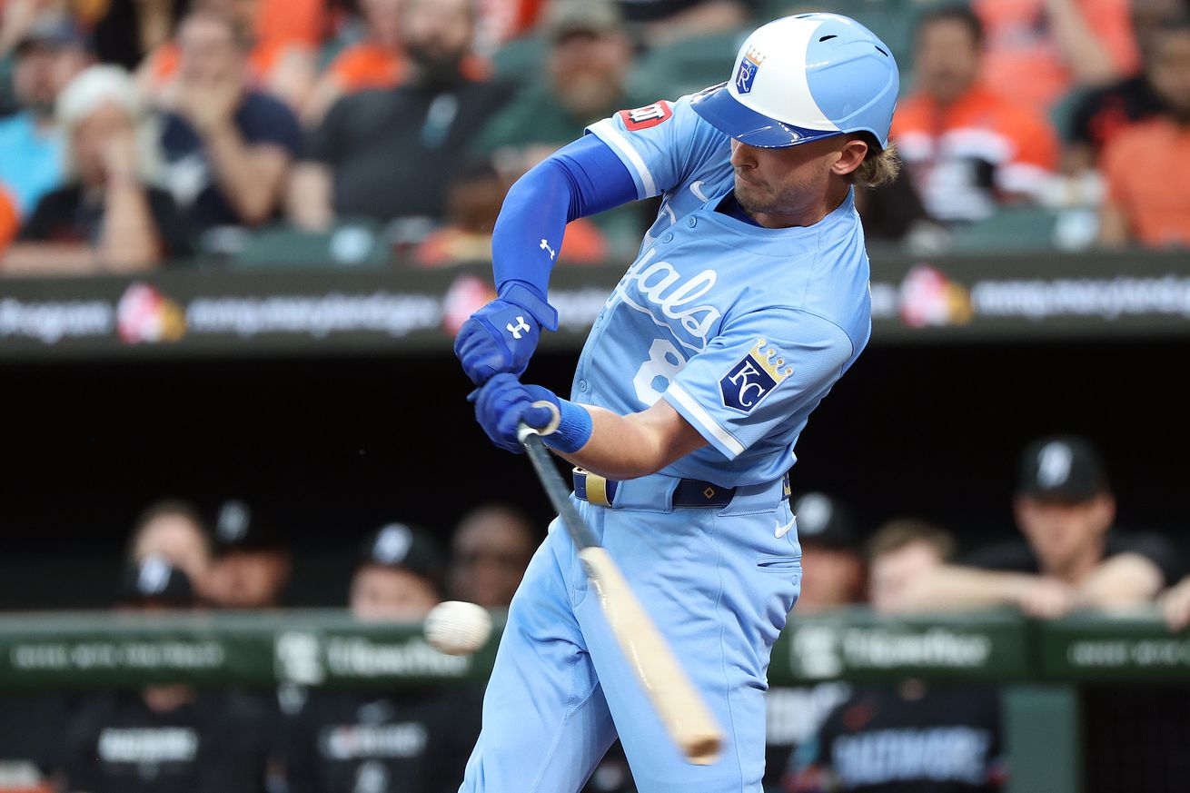 Kansas City Royals outfielder Drew Waters (8) takes a swing during the second inning against the Baltimore Orioles at Oriole Park at Camden Yards.