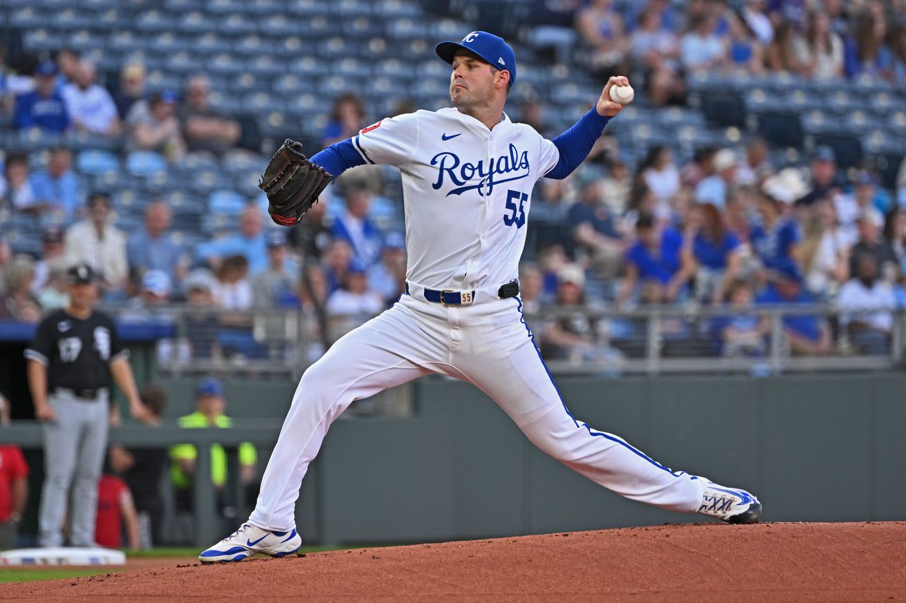 Kansas City, Missouri, USA; Kansas City Royals pitcher Cole Ragans (55) throws in the first inning against the Chicago White Sox at Kauffman Stadium.