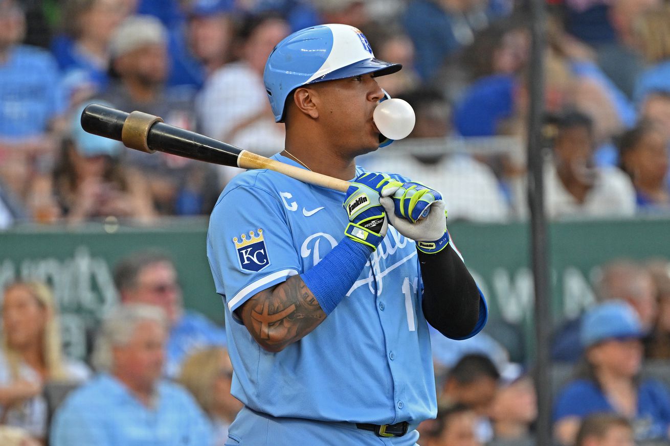 Kansas City, Missouri, USA; Kansas City Royals designated hitter Salvador Perez (13) waits on deck in the third inning against the Boston Red Sox at Kauffman Stadium.