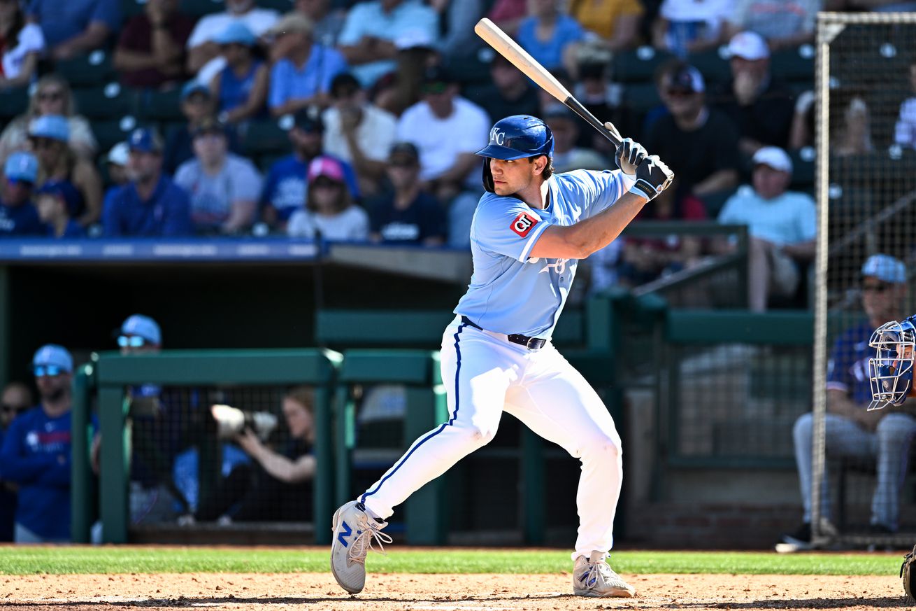 Jac Caglianone #14 of the Kansas City Royals bats during the seventh inning of a spring training game against the Texas Rangers at Surprise Stadium on February 21, 2025 in Surprise, Arizona.