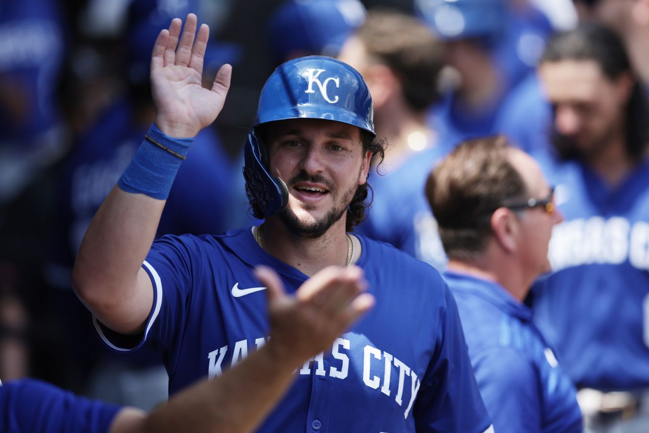 Vinnie Pasquantino #9 of the Kansas City Royals celebrates scoring against the Chicago White Sox during the fourth inning at Rate Field on June 8, 2025 in Chicago, Illinois.