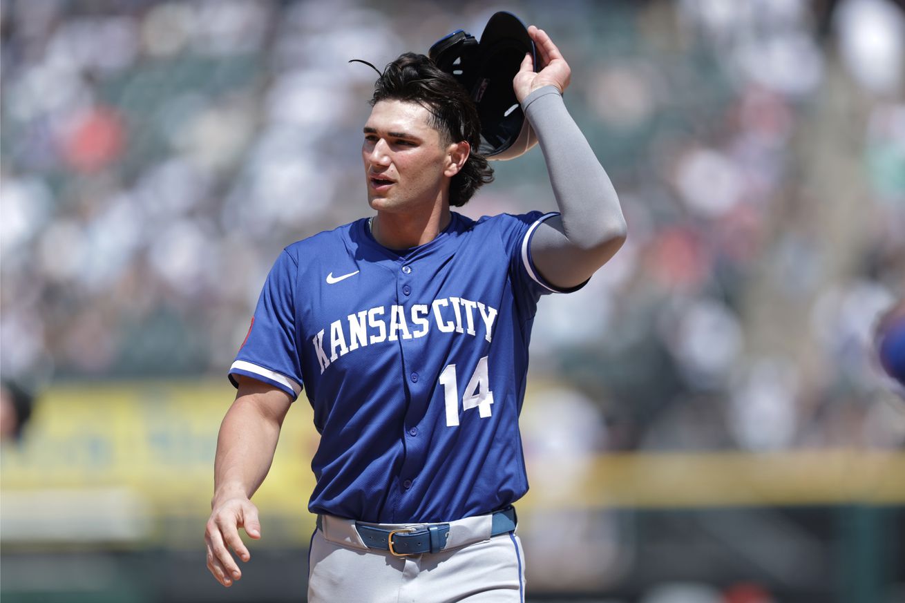 Jac Caglianone #14 of the Kansas City Royals looks on during a game