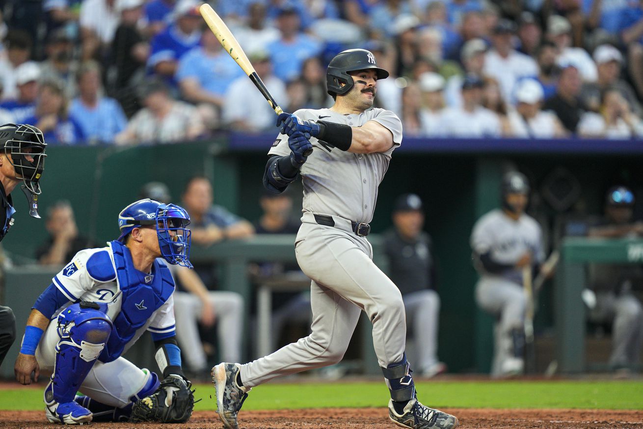 Austin Wells #28 of the New York Yankees hits an RBI double during the sixth inning against the Kansas City Royals at Kauffman Stadium on June 10, 2025 in Kansas City, Missouri.