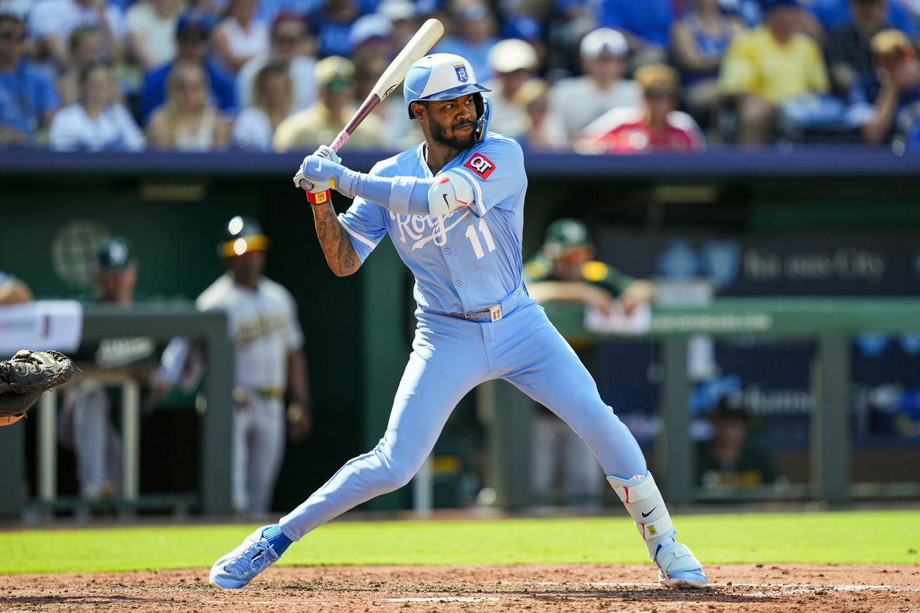 Maikel Garcia #11 of the Kansas City Royals bats during the fifth inning against the Athletics at Kauffman Stadium on June 14, 2025 in Kansas City, Missouri.