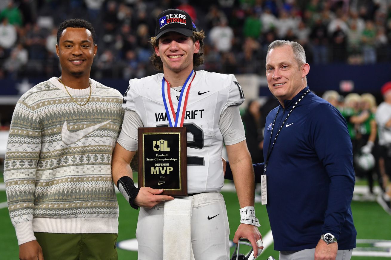 Austin Vandegrift’s Miles Teodecki wins the Offensive MVP award during the 6A DII UIL Texas State Football Championship game against Southlake Carroll on Saturday, December 21, 2024 at AT&T Stadium in Arlington.