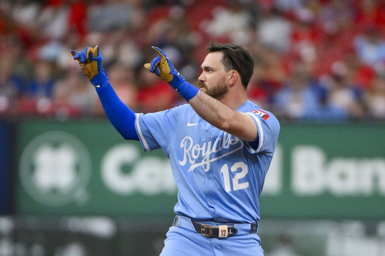Royals third baseman Nick Loftin (12) reacts after hitting a one-run double against the St. Louis Cardinals