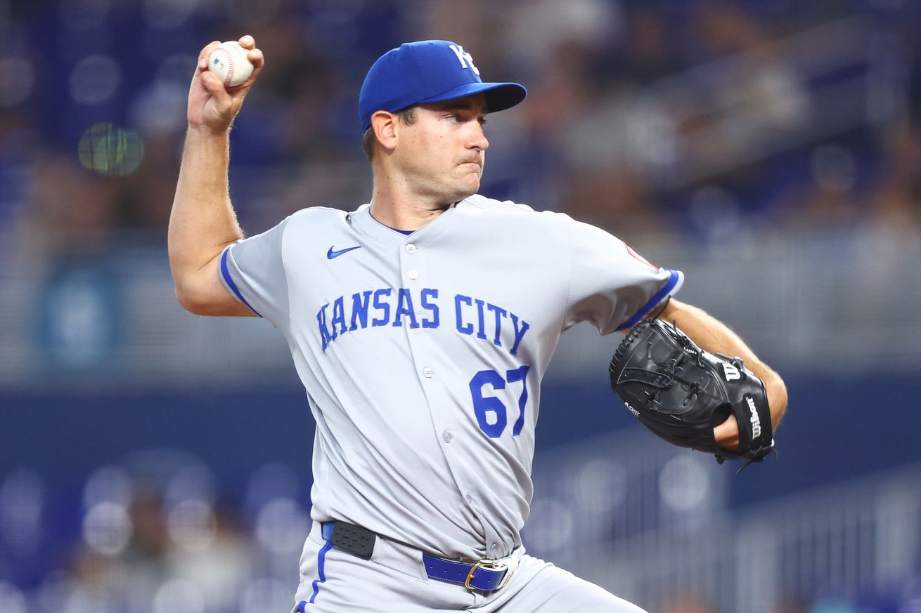 Seth Lugo #67 of the Kansas City Royals pitches against the Miami Marlins in the second inning of the game at loanDepot park on July 18, 2025 in Miami, Florida.