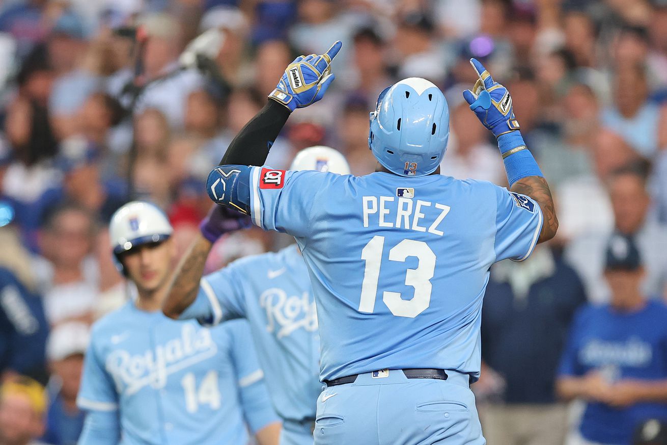 Salvador Perez #13 of the Kansas City Royals celebrates after hitting a two-run home run off Ben Brown #32 of the Chicago Cubs (not pictured) at Wrigley Field on July 21, 2025 in Chicago, Illinois.