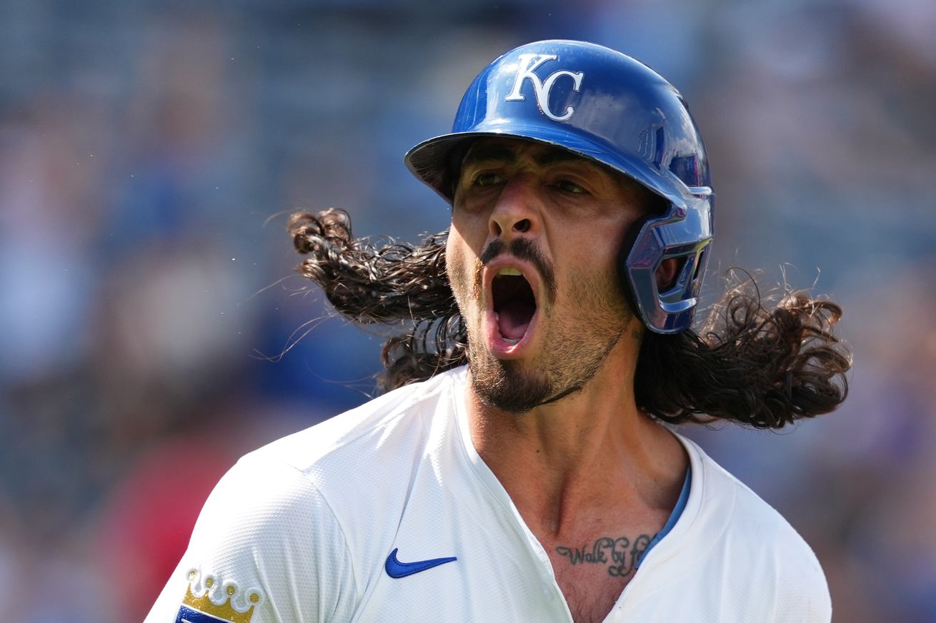 Jonathan India #6 of the Kansas City Royals celebrates his walk off three-run home run