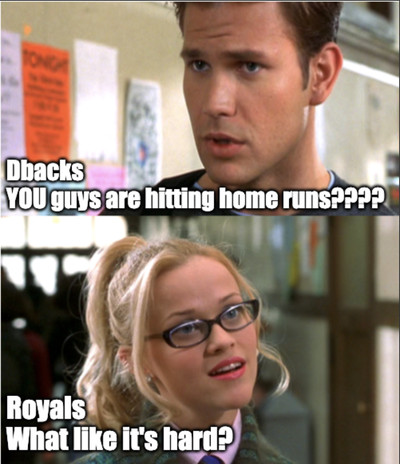 A man with a short-cropped haircut has a confused face and asks “YOU guys are hitting home runs???” to which a blonde female wearing glasses responds “What like it’s hard?”. A meme/scene from Legally Blonde.