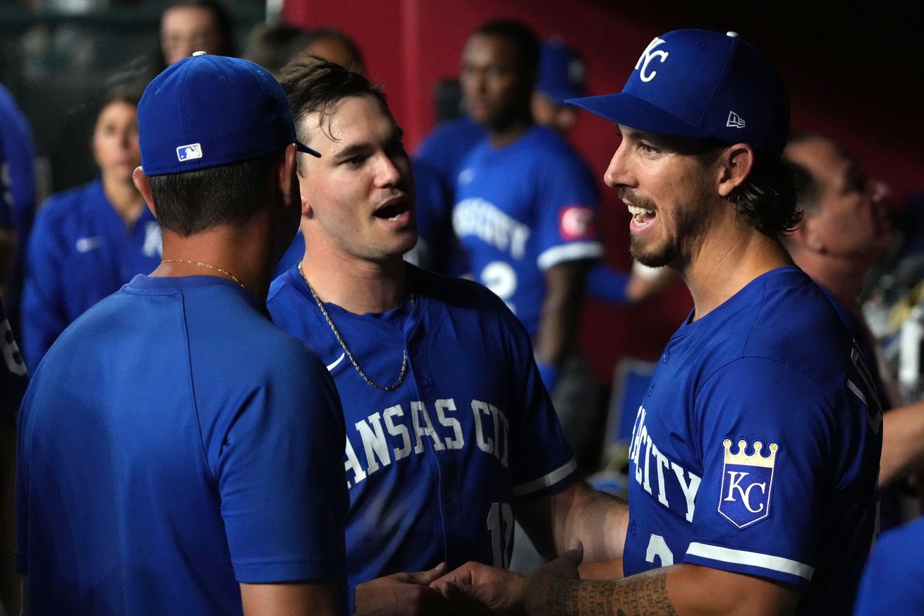 Royals pitcher Michael Lorenzen (24) celebrates with teammates