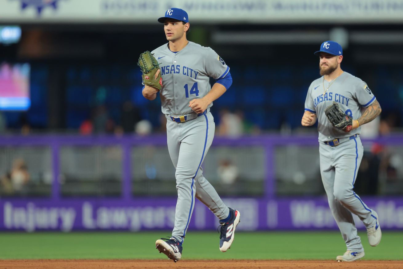 Miami, Florida, USA; Kansas City Royals right fielder Jac Caglianone (14) looks on after the game against the Miami Marlins at loanDepot Park.