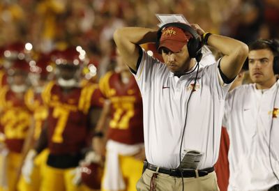 AMES, IA - SEPTEMBER 3: Head coach Matt Campbell of the Iowa State Cyclones bows his head while coaching from the sidelines in the second half of play against the Northern Iowa Panthers at Jack Trice Stadium on September 3, 2016 in Ames, Iowa. Northern Iowa Panthers won 25-20 over the Iowa State Cyclones
